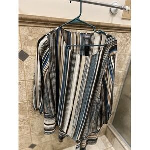 Chicos Travelers Collection Brown Striped Top 2 Asymmetrical‎ Hem Stretch Womens